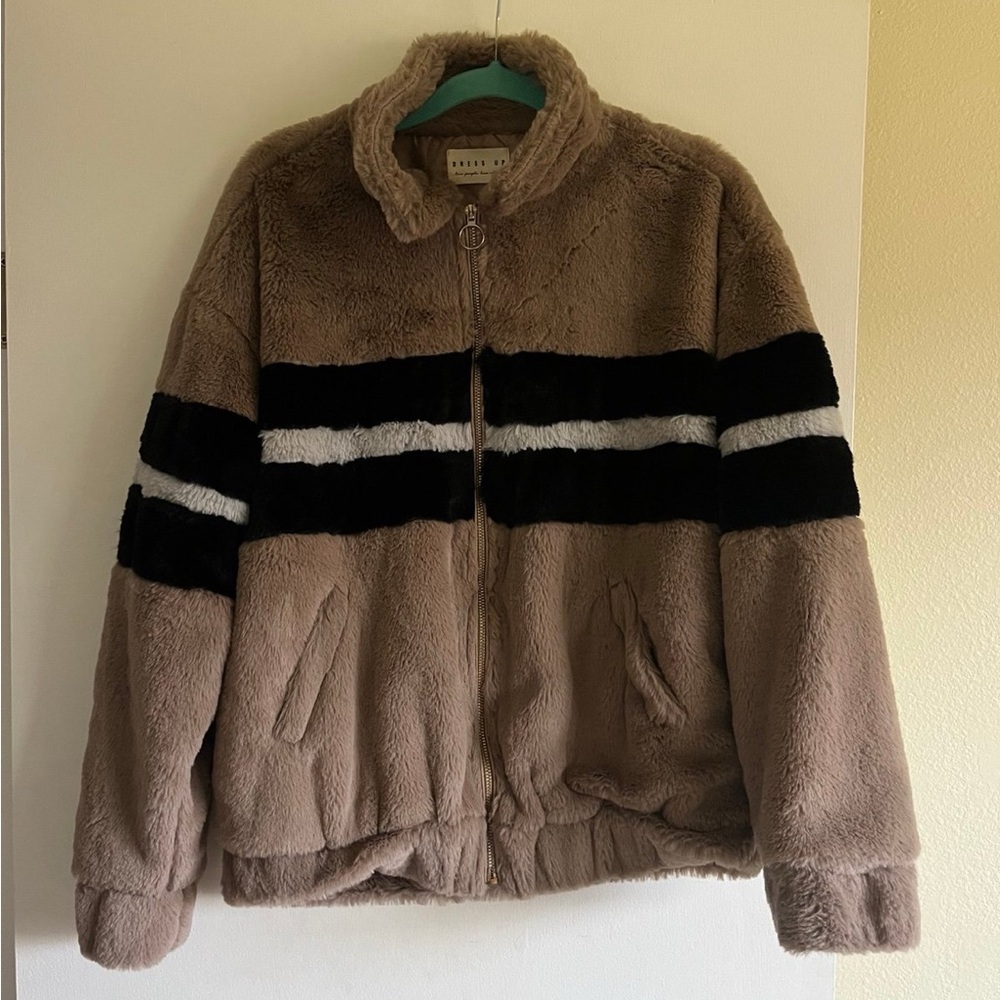 Womens Faux Fur Bomber Jacket with Black Stripes